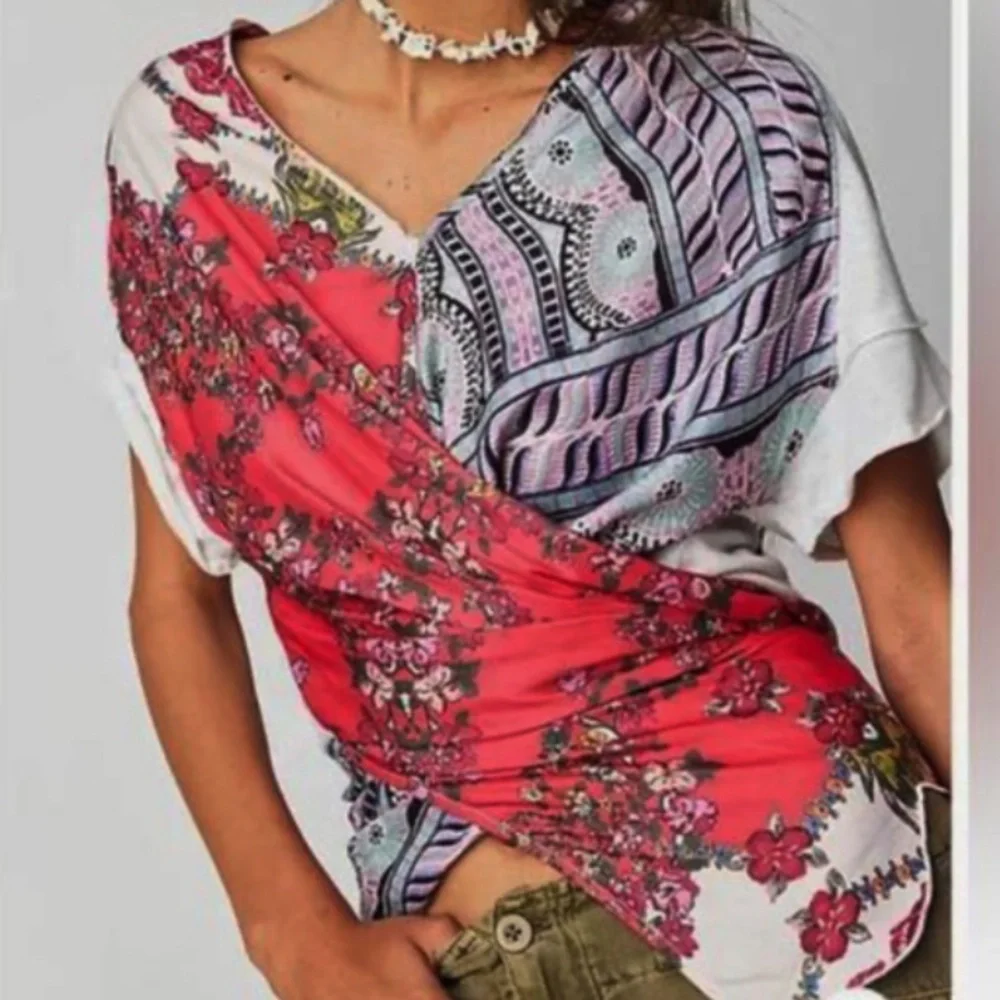 FREE PEOPLE PICK YOUR SCARF SPLIT TUNIC MAXI TEE  LARGE PINK COMBO